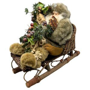 vtg Christmas Santa basket sleigh figurine decoration faux fur toy bag snow READ